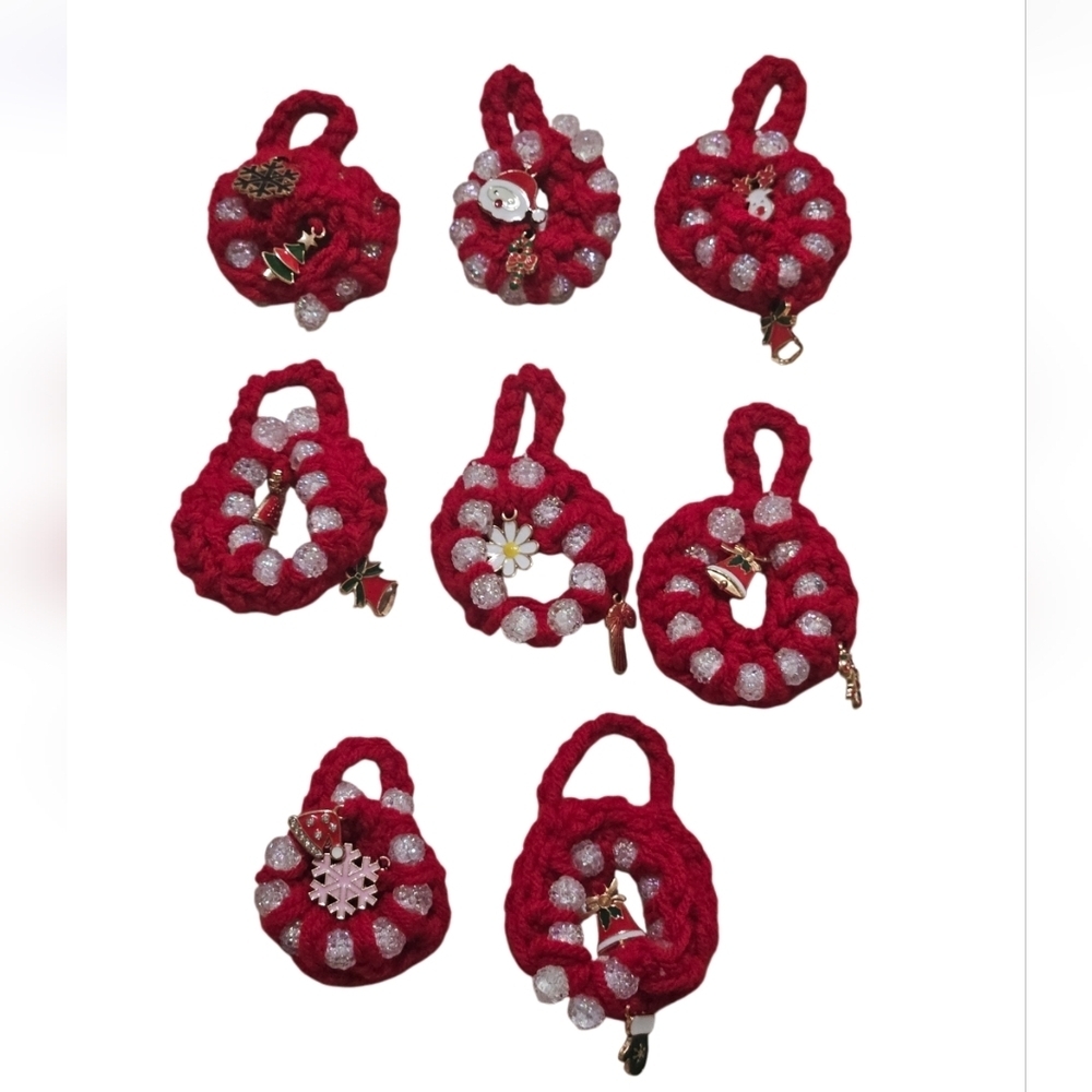 Hand Crafted Hand Crochet Christmas ornaments red beaded 8 mini holiday wreaths